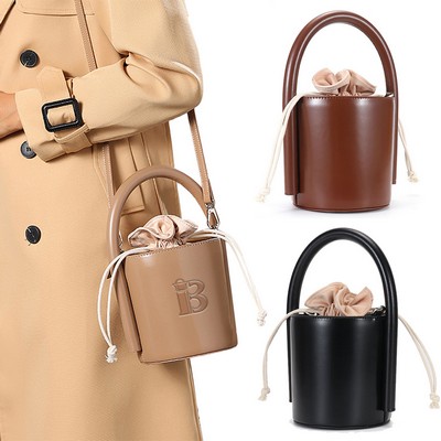 Genuine Leather Cylinder bucket cross-body Drawstring bag