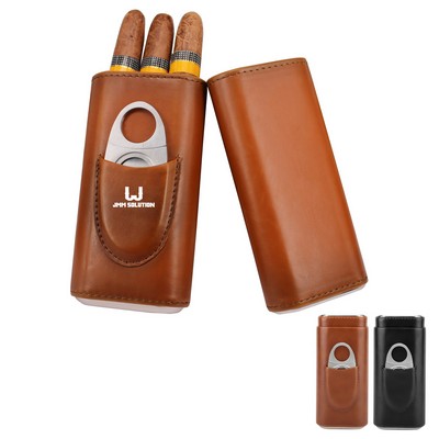 3- Finger Brown Leather Cigar Case with Cutter