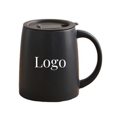 13.5 oz Round Simple Ceramic Mug with Lid and Straw