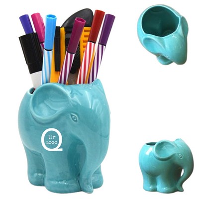 Ceramic Elephant Desk Top Pen Holder Organizer