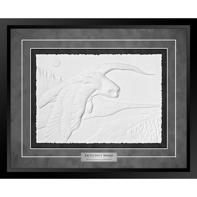 Snowy Owl (Black/Grey) - Cast Paper Sculptured Art - Shadowbox Plaque 18"x22"