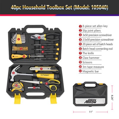 HandyPro 40pc Household Toolbox Set with Hammer, Screwdrivers, and Tape Measure