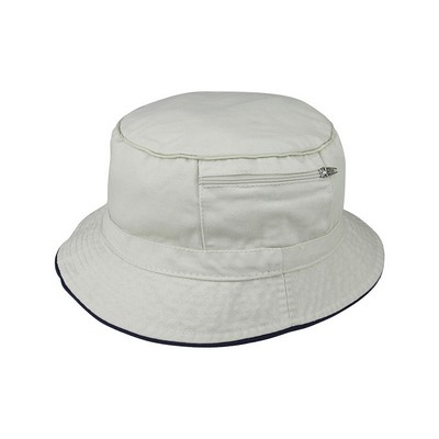 Cotton Twill Washed Bucket Hat w/ Zipper Pocket