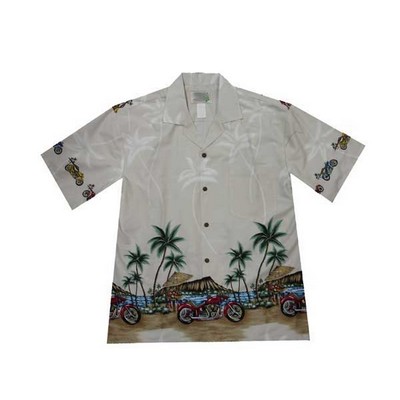 White Hawaiian Border Print Cotton Poplin Shirt w/ Button Front