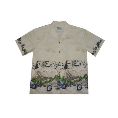 Cream Hawaiian Border Print Cotton Poplin Shirt w/ Button Front