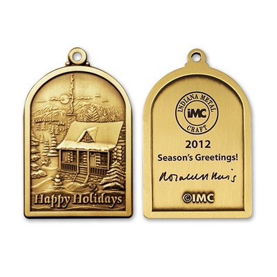 Solid 1.5" Brass Winter Cabin Stock Ornament w/ Reverse Black Side Imprint