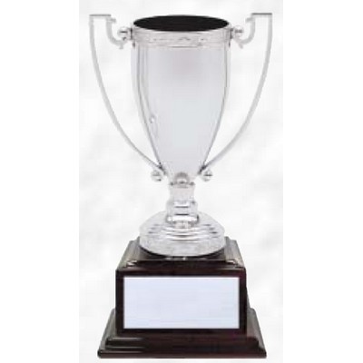 13 3/4" Silver Loving Trophy Cup w/ Mahogany Piano Finish Wood Base