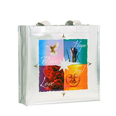 Full-Color Printed Laminated Metallic Silver Tote Bag 14"x15"x4"