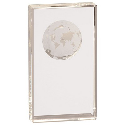 7" Tall Clear Crystal Rectangle with Globe Etching