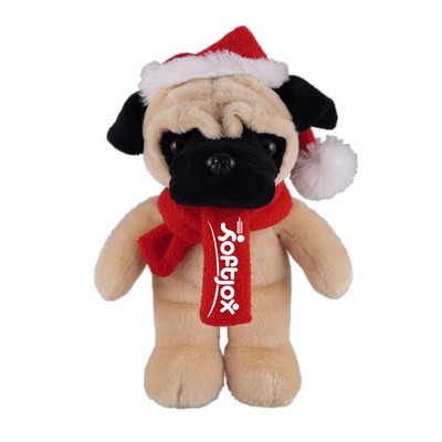 Soft Plush Stuffed Pug with Christmas Hat and Scarf