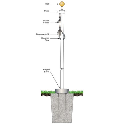 50' White Fiberglass Flagpole Internal Halyard - Hinged Base