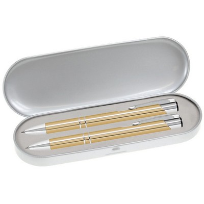 JJ Series Pen and Pencil Gift Set in Silver Tin Gift Box with Hinge Cover - Gold pen