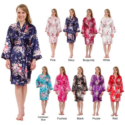 Elastic Silky Satin Knee-Length Kimono Robe Floral