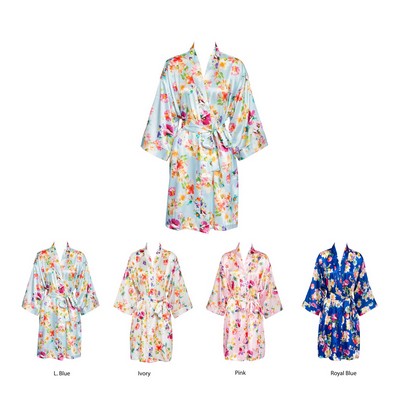 Elastic Silky Satin Knee-Length Kimono Robe Floral