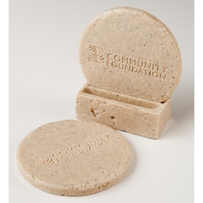 2-Pc Round Travertine-Texture Coaster Set w/Base