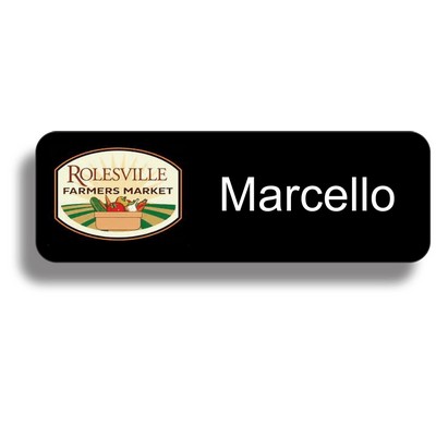 Enameled black badge, Frameless Badge w/ Full Color UV Printing on black (1"x 3")