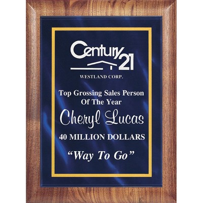 Economy Genuine Walnut Plaque with Acrylic Blue Marble Plate, 7"x9"