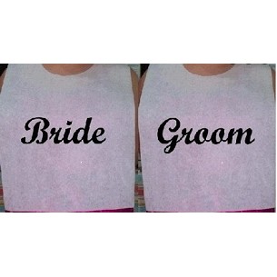 Stock Bride & Groom Cake Bibs with ties, script, sold per pair