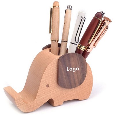 Elephant Wooden Pen Cup Pencil Holder with Cell Phone Stand