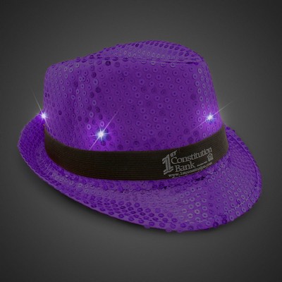 Purple Sequin Light Up Fedora Hat w/Silk Screened Black Band