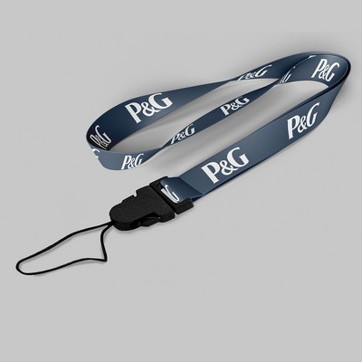 1" Navy Blue custom lanyard printed with company logo with Cellphone Hook attachment 1"