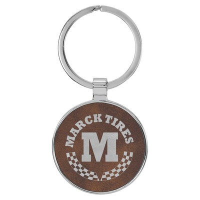 1 1/2" Laserable Leatherette/Metal Rustic/Silver Round Keychain