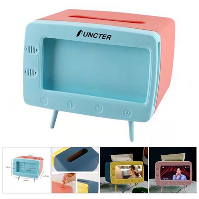 TV Shape Tissue Holder Phone Holder Stand Facial Tissue Box Cover for Home Office Kitchen Desktop