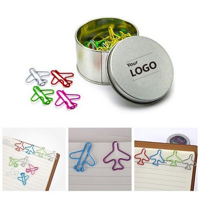 Airplane Shaped Paper Clips in Metal Tin