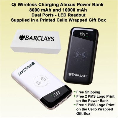 Qi Wireless Charging Alexus Power Bank - 8000 mAh - Dual Ports, Supplied on a Cello Wrapped Printed