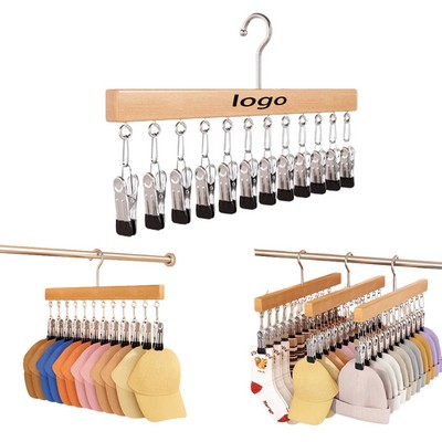 Wooden Cap Organizer Hanger With 12 Stainless Steel Clips