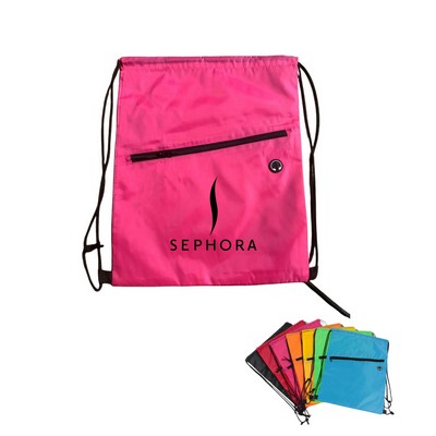 Drawstring Sports Backpack with Zipper Pocket and Headphone Hole