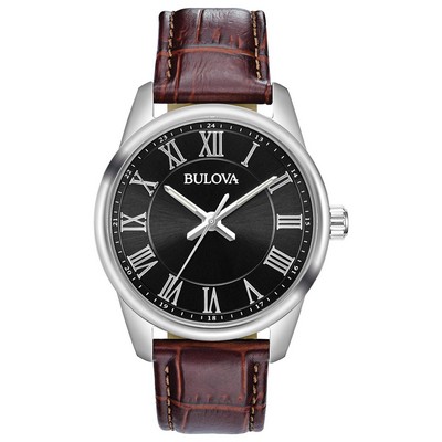 Bulova Watches Men's Brown Leather Strap Watch w/Black Dial - Corporate Collection