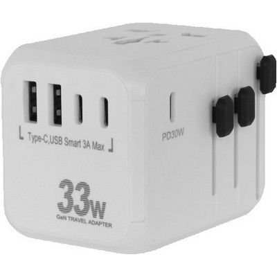 One-World Travel Adapter, 33W, 2-USB/ 2-Type C/ 1-PD30 Ports