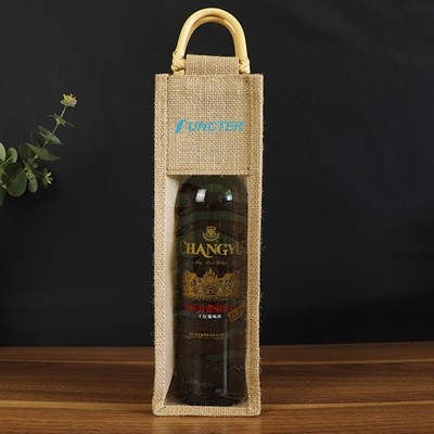 Reusable Cane Handle Single Bottle Jute Wine Tote Bags w/ Window