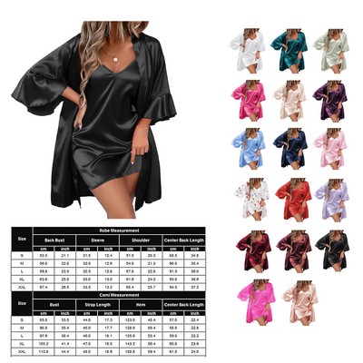 Women's Silk Robe V-neck 2 Pieces Bridal Party Robes Satin Bathrobe Set with Pockets