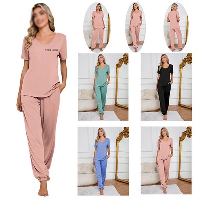 Women Soft Pajamas Short Sleeve Trousers Elegant Casual Two-Piece Solid