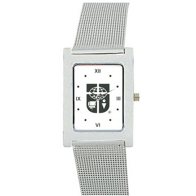 Unisex Platinum Watch w/Rectangular Bezel & Mesh Band