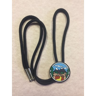 1.5" Diameter Aluminum Bolo Tie Slide & 36" Cord w/a Full Color, Sublimated Imprint. Made USA.