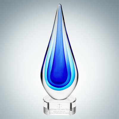 Art Glass Blue Teardrop Optical Crystal Award w/Clear Base (Small)