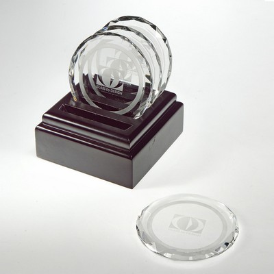 4pcs 3-1/2" Optical Crystal Coaster w/Wooden Base