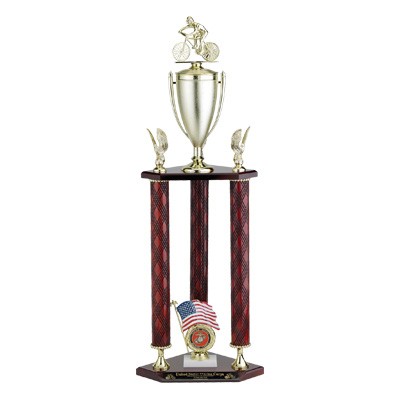 32" Mahogany Finish 3-Column Trophy w/Eagle Trim & Cup, Takes Figure & Insert