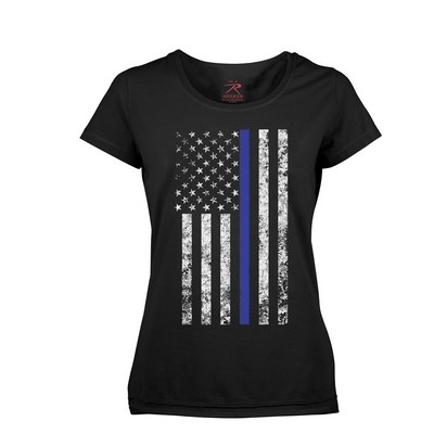 Women's Black Long Length Thin Blue Line Flag T-Shirt