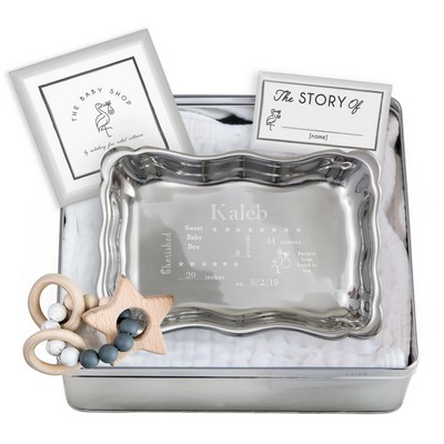 Salisbury Birth Record Tray & Star Teether Gift Set w/Burp Cloth & Tin Gift Box