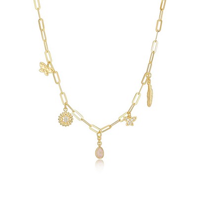 Poetic Collection Diamondlite Cubic Zirconia and Rose Quartz Paperclip Multi-charm Necklace - Gold