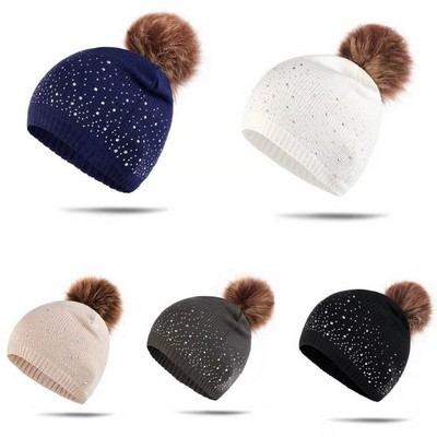 Winter Women Ski Pompom Cap with Sequin