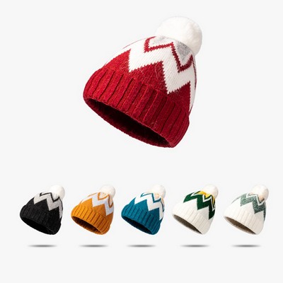 Winter Stripe Beanie Hat with Pom