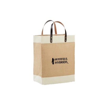 Laminated jute market tote with cotton accents and leather handles