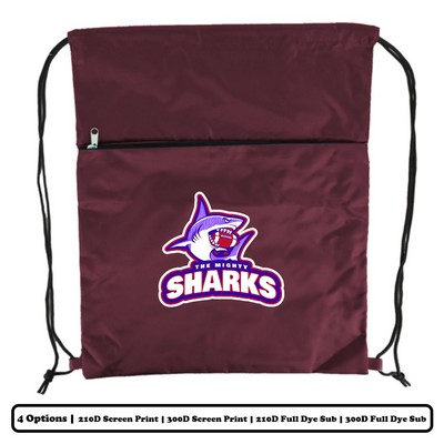 Solid Color Polyester Drawstring Bag with Horizontal-Zip Pocket - Screen Print, Heat Press