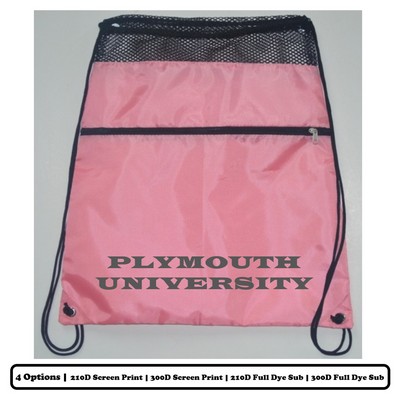 Solid Color Mesh-Top Polyester Drawstring Bag With Horizontal-Zip Pocket - Screen Print, Heat Press