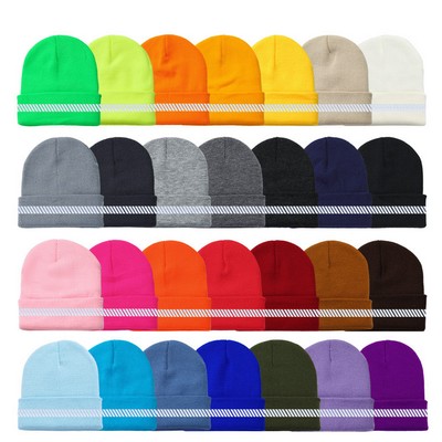 Reflective Striped Lined Fluorescent Knitted Beanie Hat